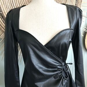 ZARA Faux Leather Wrap Dress Puff Sleeve Ruched Black Size Medium